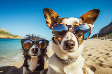two dogs with sunglasses taking selfie on a sandy beach. High quality photo