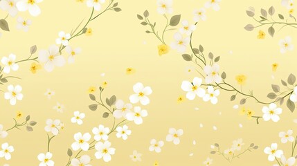 a horizontal image of graphic white flowers on a pale yellow background for mock-up, and product presentation in a Commercially-themed image as a JPG horizontal format. Generative AI