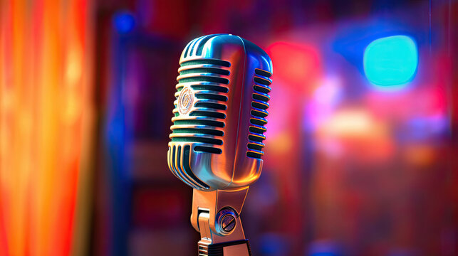 A classic musical microphone on blur colorful background. Generative Ai