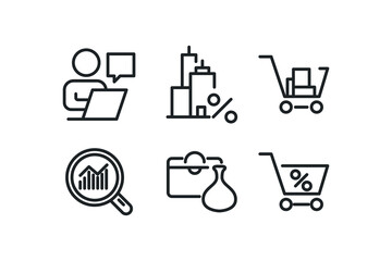 Icons set of Money, Discount tags and Shopping bags line icons pack for app with Wallet, Innovation, Payment thin outline icon. Accounting, Business person, Mortgage pictogram. Vector