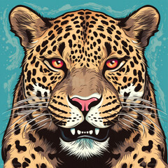 Illustration of a majestic leopard's face on a vibrant blue backdrop