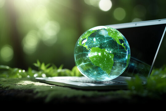 Technology with nature concept.Laptop keyboard with Green Globe on it. Carbon efficient technology. Digital sustainability. Eco-friendly technology for the Sustainable Development Goals.SDGs. High
