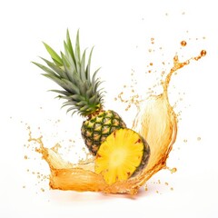 Pineapple in splashes. Falling of pineapple with water splash isolated on white background