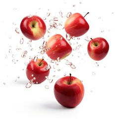 Red apple in splashes. Falling of red apples with water splash isolated on white background