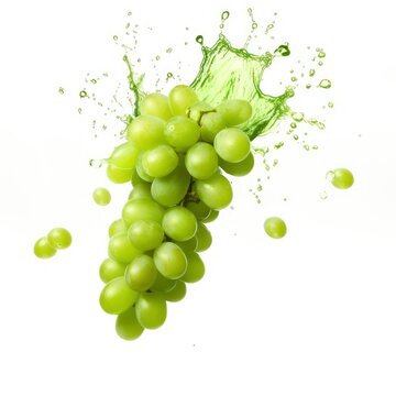 Green grapes in splashes. Falling of green grapes with water splash isolated on white background