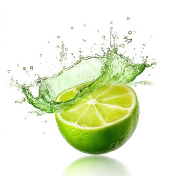 Lime in splashes. Falling of green lime with water splash isolated on white background 