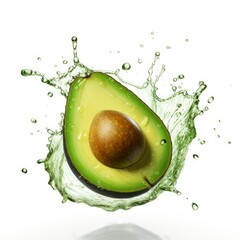 Avocado in splashes. Falling of avocado with water splash isolated on white background