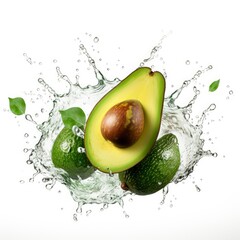 Avocado in splashes. Falling of avocado with water splash isolated on white background