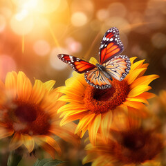 Fototapeta na wymiar A vibrant butterfly perched on a sunflower, capturing the beauty of nature in a single frame