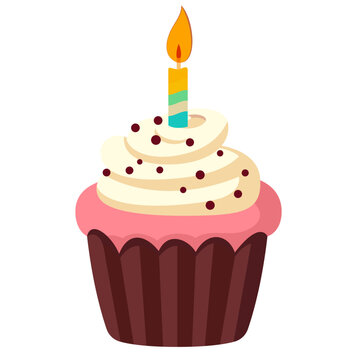 birthday cupcake flat style stock vector image, Birthday cupcake with a candle on it stock vector image