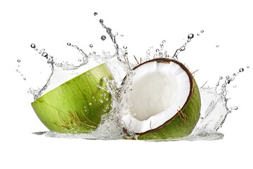 Coconuts water splashing out of a fresh green coconut isolated on transparent or white background - obrazy, fototapety, plakaty