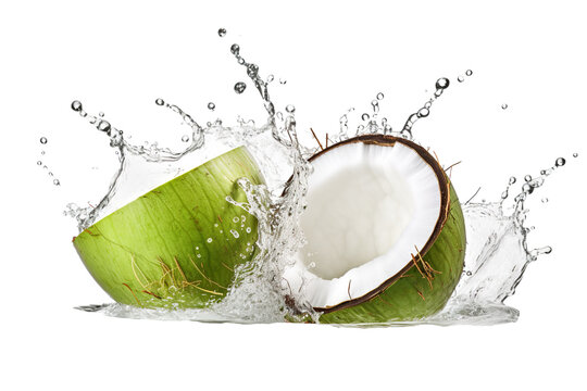 Coconuts water splashing out of a fresh green coconut isolated on transparent or white background