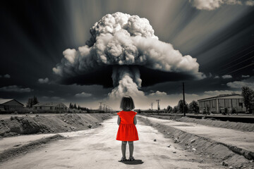 Child little girl in red dress stands on an empty road and looking at nuclear explosion cloud. Apocalyptic view. Black and white photography, selective color - red.