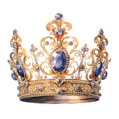 Illustration of watercolor golden royal crown with precious stones. Generative AI, png image