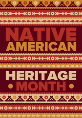 Native American Heritage Month in November. American Indian culture. Celebrate annual in United States. Tradition pattern. Poster, card, banner and background. Vector ornament, illustration
