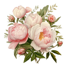 Bunch of peonies and roses on transparent background