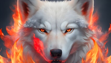 Inferno's Howl: A Fierce White Wolf's Visage Aflame