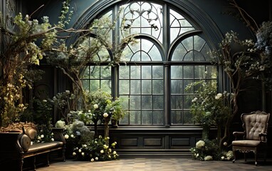 Majestic living room with large windows decorated with floral motifs. Photography Studio Fund. Pregnancy, weddings.