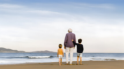 Grandfather walking with grandchildren at beach. Concept of grandfather day, grandparents day