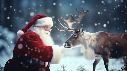 papa noel da de comer a un reno en un paisaje navideño, nevado, sobre fondo desenfocado, ilustración de IA generativa