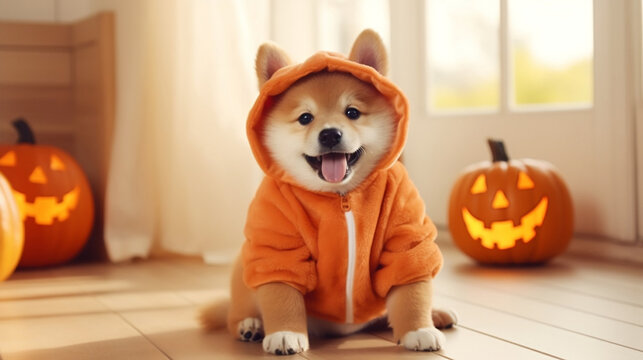 Cute Shiba puppy dressed in a jack pumpkin lantern costum at the Halloween background.Halloween concept.Copy space.Generated by AI.