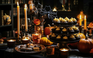 Fototapeta na wymiar Beautiful presentation of diverse Halloween sweets and cupcakes over a decorated table.