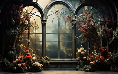 Majestic living room with large windows decorated with floral motifs. Photography Studio Fund. Pregnancy, weddings.