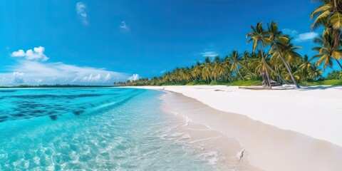 Beautiful beach banner. White sand and coco palms travel tourism  ,blue sky  , Generative AI - obrazy, fototapety, plakaty