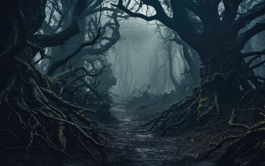 Creepy path surrounded by trees along a misty haunted forest