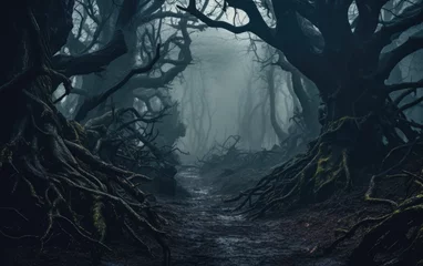 Fototapeten Creepy path surrounded by trees along a misty haunted forest © Joe P