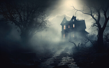 Fototapeta na wymiar Creepy haunted house isolated in the forest with fog swirling around it