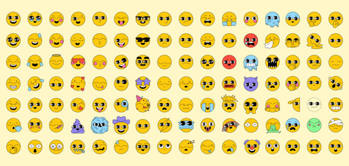 Big set of emoticons. Vector pack in line art style. Vintage icons sticker label in 70s, 80s, 90s style. Collection of happy, smile, laugh, joyful, sad, angry and crying faces