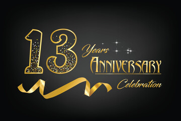 Fototapeta na wymiar Celebrate the 13th anniversary with gold letters, gold ribbons and confetti on a dark background