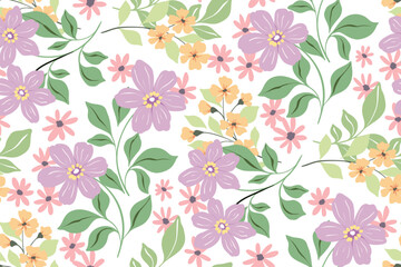 Seamless floral pattern, delicate ditsy print with folk motif. Cute botanical design with spring wild garden: hand drawn branches, small flowers, leaves on a white background. Vector illustration.