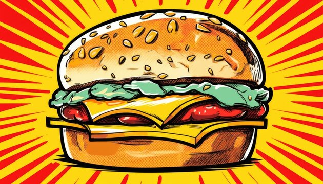 Fresh Cheese Burger. Colorful Pop Art. Wallpaper. Generative AI. Illustration