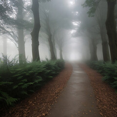 Fototapeta premium Ethereal Forest Path with Mist: A mystical forest path shrouded in mist, leading deeper into a dense and enchanting woodland.