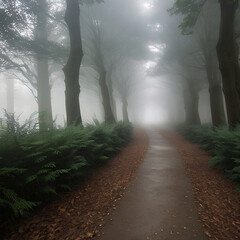 Ethereal Forest Path with Mist: A mystical forest path shrouded in mist, leading deeper into a dense and enchanting woodland.