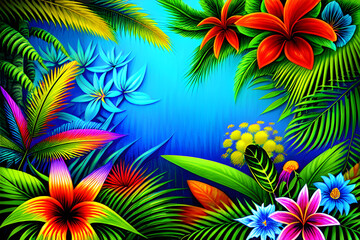 Fototapeta na wymiar wallpaper art , illustration of plants, jungle, blossoms, leaves, flowers, colorful background - generative ai