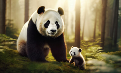 Portrait of a Giant panda mother and her cub in a forest