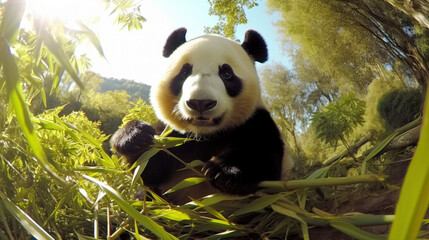 Portrait of a Giant panda eating bamboo in a forest