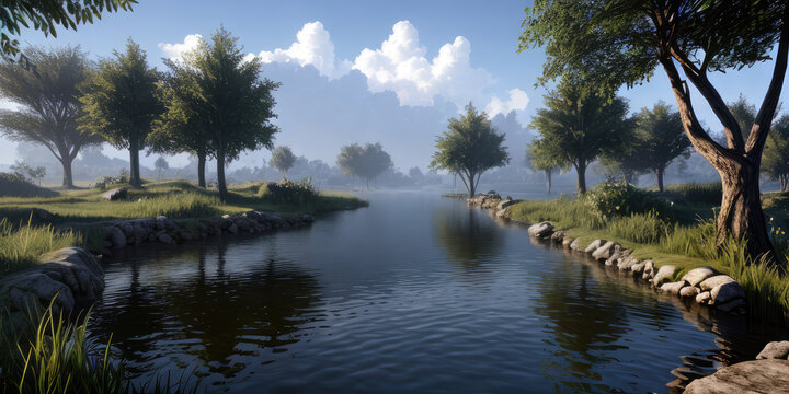 Photorealistic 3D Environment Scenic Natural Pond With Rays Of Light Misty Morning