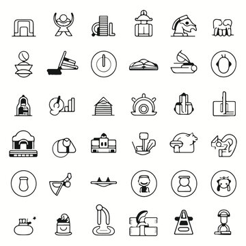 Outline silhouettes and icons on white background.