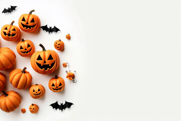 Halloween jack-o-lanterns  and bat on white background with copy space to the right 