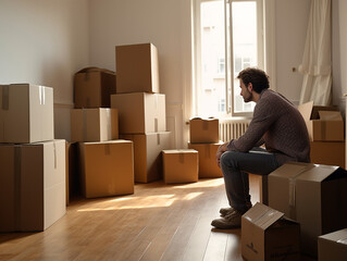 Fototapeta premium A Man Surrounded by Moving Boxes in His New Empty Apartment