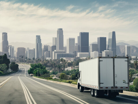 A Moving Truck Parked In Front Of A Scenic Cityscape