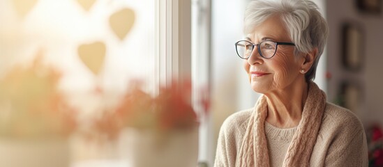 86 year old woman alone at home standing by window in apartment wearing beige cardigan