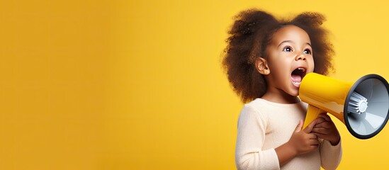 African American girl shouting sharing news with copy space on yellow studio background - obrazy, fototapety, plakaty