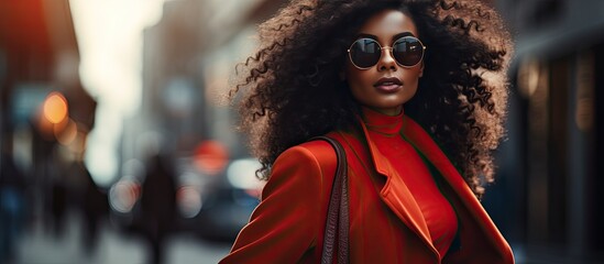 Stylish black woman in red coat walking on blurred background