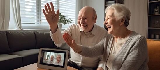 Elderly couple happily video conferencing on tablet