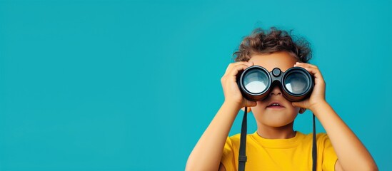 Boy in yellow shirt with binoculars looking on blue background Space for text - obrazy, fototapety, plakaty